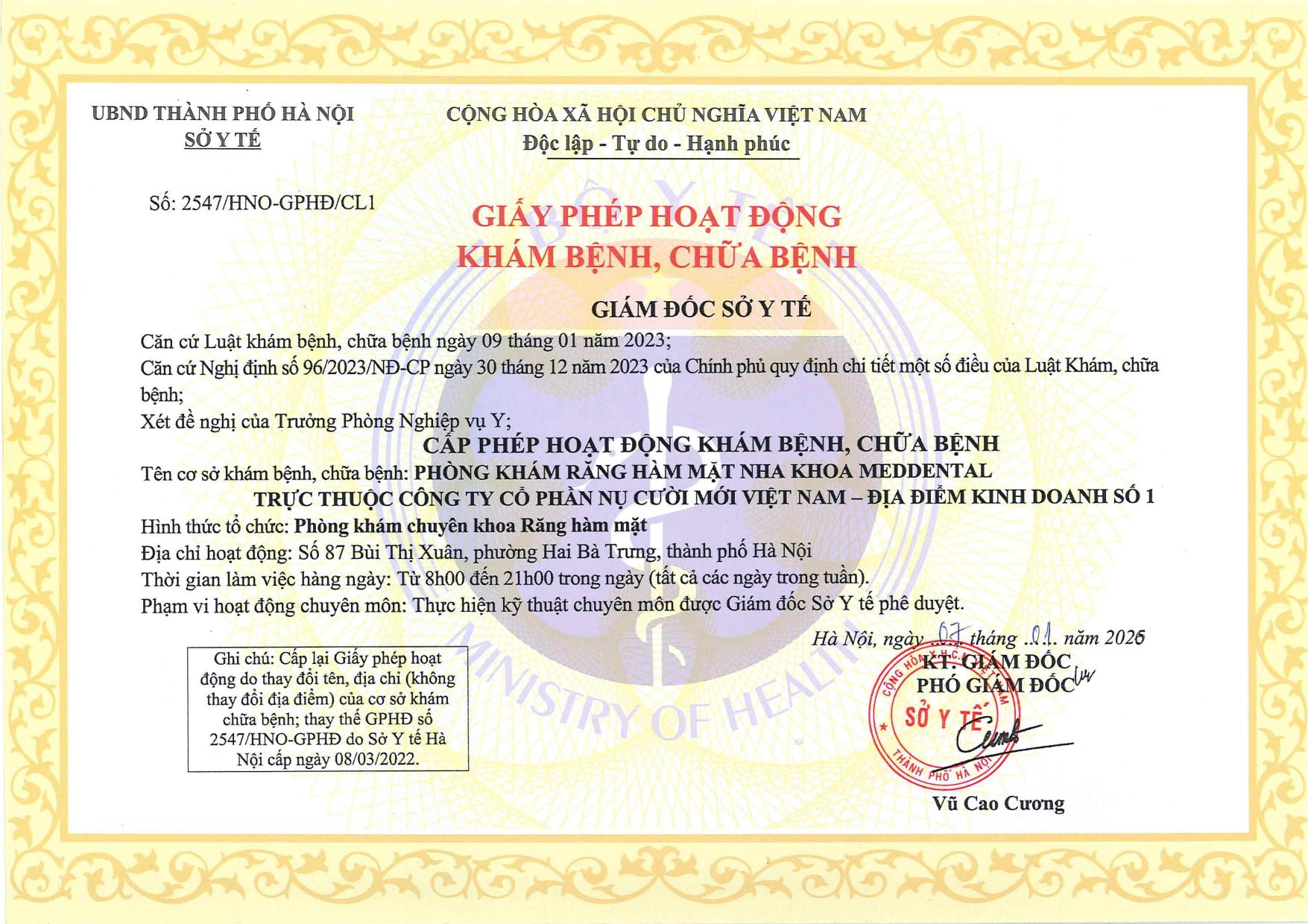 Giấy phép hoạt động 2547/HNO-GPHĐ/CL1 của MedDental Bùi Thị Xuân